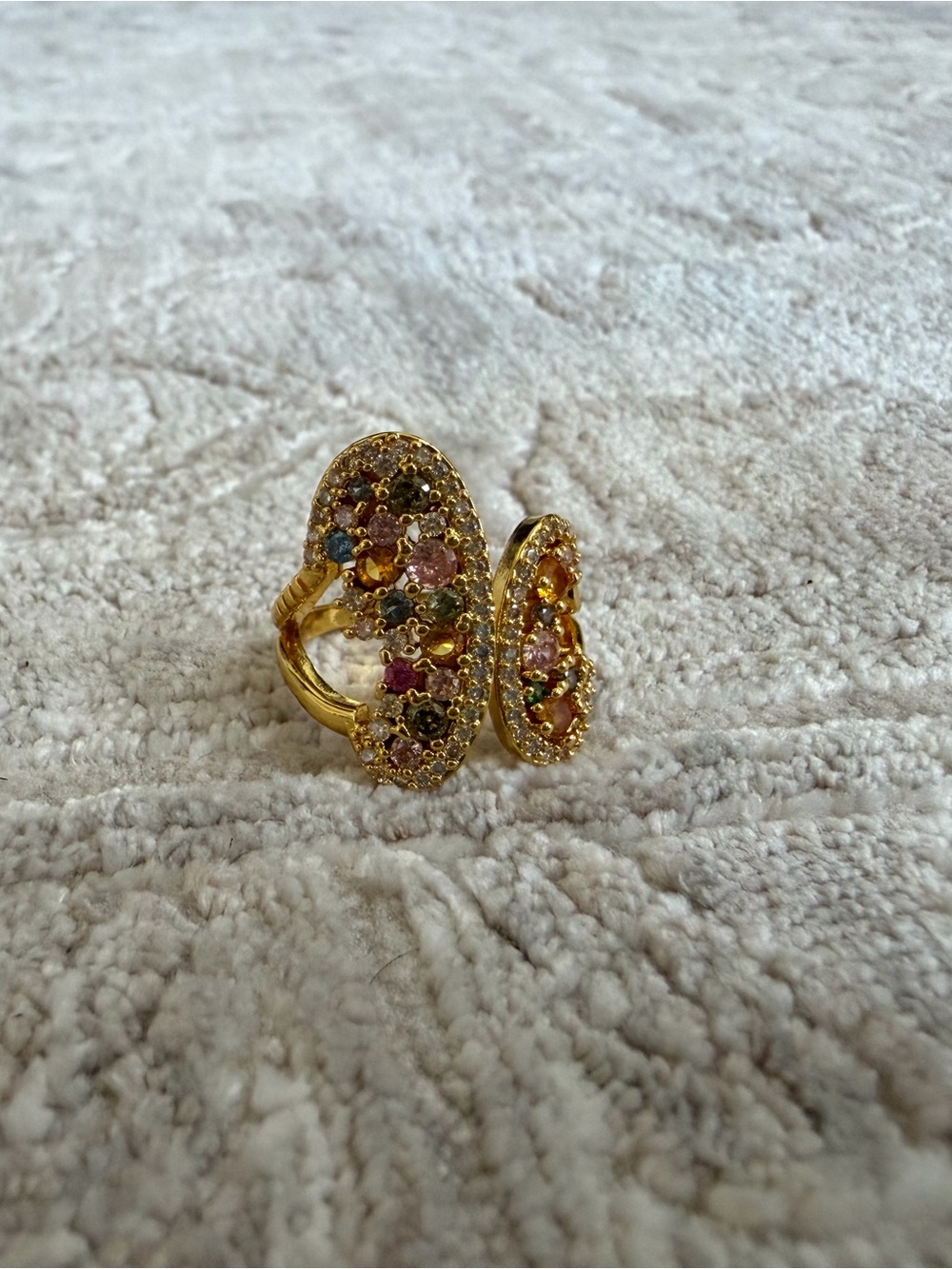 Colorful Crystal Gold Tone Open Cocktail Ring Statement Jewelry